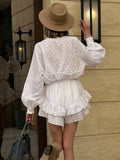 YESMYTOOL  -  Solid White Cotton Lace Shorts Set Women Spring Summer Outfits Beach Holiday Lace Vintage 2pcs Shirt+shorts Set 2024