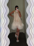 YESMYTOOL  -  Elegant White Sequins Feather Hem Mini Dress Women Sexy Off Shoulder Loose Halter Dresses 2024 New Shiny Female Party Vestidos