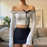 YESMYTOOL  -   Fashion Chic Bow Skinny Crop Tops Off Shoulder Ruched Streetwear Bow Frills Party Women's T-shirts Spring Korean Cute