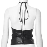 YESMYTOOL  -  Soild Leather Halter Tanks Crop Tops for Women 2024 Summer New Lace-up Sleeveless Backless Outer Vest Party Clubwear Streetwear