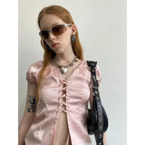 YESMYTOOL  -  Y2k Pink Lace Up Satin Shirts Women Sexy Short Sleeve Gyaru Slim Korean Fashion Blouse Female Aesthetic Coquette Summer