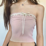 YESMYTOOL  -  Sweet Cute Pink Lace Trim Summer Tube Top Women Korean Coquette Clothes Bow Folds Mini Crop Tops Strapless Y2K Kawaii