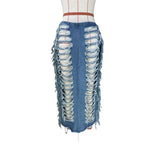 YESMYTOOL  -  Tassel Ripped Split Denim Long Skirt 2024 Summer Trendy Hollow Out Slight Strech High Waist Bottom Party Club Streetwear