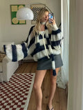 YESMYTOOL  -  Women Contrast Striped Knitted Cardigan With Scarf Oversize Long Lantern Sleeves Sweater Tops 2024 High Street Lady Knitwear  ﻿