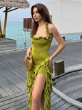 YESMYTOOL  -  2024 Summer Sexy Halter Neck Irregular Green Dress Streetwear Woman Chic Sleeveless High Waist Backless Bandage Holiday Dresses