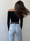 YESMYTOOL  -  Elegant 2024 Autumn Woman Clothing One Piece Bodysuit Top Streetwear Fashion Girls Off Shoulder V-neck Long Sleeve Folds T-shirt