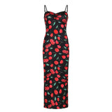 YESMYTOOL  -  Spaghetti Strap Elegant Summer Long Dress Cherry Printed Fashion Folds Beach Holidays Sundress Sexy Women's Dresses