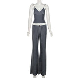 YESMYTOOL  -  Fashion Street Drawstring Trousers Two Piece Set Sexy Low Chest V Neck Suspended Tank Top Loose Wide Leg Pants Suit