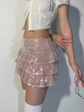 YESMYTOOL  -   Pink Sequin Skirt Women Coquette Low Waist Bow Ruffle Patchwork Cute Sexy Slim Mini Skirt Y2k Streetwear Party Club