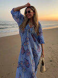 YESMYTOOL  -  Casual Printed Long Dresses Loose Striped V Neck Half Lantern Sleeve Female Dress 2024 Summer Lady Holiday Beach Linen Robes