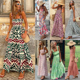 YESMYTOOL  -  High Quality 2024 Summer Women's Elegant Printed Elastic Strap Skirt Holiday Style French Fragmented Flower Strap Long Dress Y2k