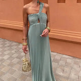 YESMYTOOL  -  Fashion Asymmetrical Pleated Slim Long Dress Summer Sexy Off Shoulder High Waist Party Dress Elegant Solid Hollow Banquet Dress