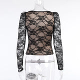 YESMYTOOL  -  Fashion Square Neck Black Top Vintage Lace Sexy Streetwear Women T Shirts See Through Long Sleeve Bodycon Spring Elegant Tops