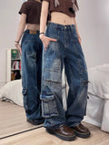 YESMYTOOL - Women's Blue Y2k Cargo Jeans Harajuku 90s Baggy Denim Trousers Japanese 2000s Style Oversize Jean Pants Vintage Trashy Clothes