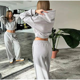 YESMYTOOL  -  Casual Solid Hoodies Pants Set Women Long Sleeve Zipper Short Sweatshirt Loose Drawstring Trouser 2024 Autumn New Lady Tracksuit