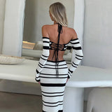 YESMYTOOL  -  Striped Knitted Hollow 2 Piece Set for Women Summer Off Shoulder Halter Lace-up Long Sleeve Crop Tops Long Skirt Beach Outfit