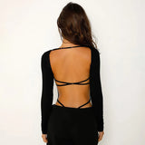 YESMYTOOL  -  Black Backless Bodysuits Women Square Neck Long Sleeve Thong Open Back Bodysuit Sexy Tops 2024 Fall Winter Outfits