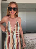 YESMYTOOL  -  Sexy Colorful Stripe Halter Dress Women Sexy V-neck Backless Sleeveless Lace Up Female Long Dresses 2024 Summer Lady Beach Robe