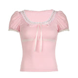 YESMYTOOL  -  Korean Pink Cute Coquette Sweet Summer T-shirts Women Bow Lace Patched Slim Cropped Top Girls Cutecore Tees Clothing