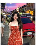 YESMYTOOL  -  Dress Holiday Summer Women's 2024 Elegant Vintage Phuket Girl Red Floral Sling Vacation Hot Girl Style Short Female Y2k Dresses.