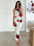 YESMYTOOL  -  Vintage Floral Print White Tank Dress Woman Clothing O-neck Sleeveless Bodycon High Waist Long Party Evening Dresses Streetwear