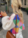 YESMYTOOL  -  Sleeve Patchwork Female Sweaters 2024 Elegant Casual Lady Top Hollow Out Colorful Kint Cardigan Women Sweater Autumn Long Puff