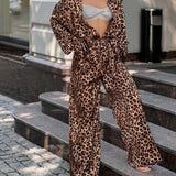 YESMYTOOL  -   Sexy Leopard Print 2 Piece Set Retro Women Long Sleeve Lapel Loose Shirt High Waist Straight Leg Pants Spring Long Sleeve Set