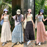 YESMYTOOL  - Summer Solid White Long Skirt Women Pleated Black Mid-length Skirts High-waisted Fairy A-line Long Tulle Cake Skirts Y2k Clothes