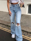 YESMYTOOL  -  Blue Ripped Jeans for Women 2024 High Waisted Elastic Vintage Streetwear y2k Wide Leg Jean Pants Flared Korean Style