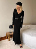 YESMYTOOL  -  Women Knitted V-Neck Maxi Dress Slim Long Sleeve Ribbed Sexy High Waist Party Dresses Elegant Lady Solid Long Skirt 2024 Autumn