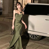 YESMYTOOL  -  2024 New in Women's Spaghetti Strap Long Dress Green Shiny Satin Waist Slim Chic and Elegant Sexy Female Evening Dresses