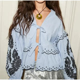 YESMYTOOL  -  Casual Lace Up Women Embroidery Blouse V-neck Lantern Sleeve Blouse Wave Cut Eyelet Female Tops 2024 Spring Fashion Female Tops