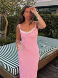 YESMYTOOL  -  Sexy See Through Lace Women Maxi Dress Pink Spaghetti Strap Evening Dresses Summer Vacation Elegant Party Beachwear