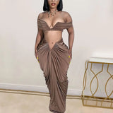 YESMYTOOL  -  Maxi Long Skirts 2024 Sexy Party Two 2 Piece Sets Outfits Stacked Ruched Women's Set Off Shoulder Crop Top and Low Waist