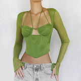 YESMYTOOL  -  Soolasea 2024 New Casual Green Corset T Shirt Women Mesh Top Long Sleeve Transparent Female Satin Lining Short Summer T-shirts