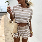 YESMYTOOL  -  New 2024 Striped Knitted Two Piece Sets Summer Women's O-neck Top with Shorts Suit Fashion Color Blocking Slim Fit Beach Outfits