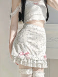 YESMYTOOL  -  Floral Print Ruffle Mini Skirt White Kawaii Lolita Skirts Japanese Style Aesthetic Outfit Straight Bow Skirts Y2K Faldas