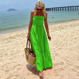 YESMYTOOL  - Women Sexy Pleated Elastic Strapless Long Dress Vintage Summer Solid Slim A-Line Beach Dress Fashion Holiday Maxi Party Dresses