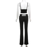 YESMYTOOL  -    Black Slim Fit Trousers Set Camisole Off Back V Neck Lace Spliced Asymmetrical Top High Waist Micro Raging Pants Suit