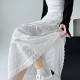 YESMYTOOL  -  Vintage White Embroidery Elastic High Waist Ruffles Long Skirt Women Summer Sweet Vacation Evening Party Cake Pleated Skirt Chic