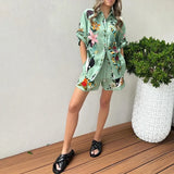 YESMYTOOL  -  2024 Summer Pattern Print Loose Two Piece Sets Casual Vacation Single Breasted Shirt Outfit Women's Fashion Lace Up Shorts Suit