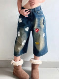 YESMYTOOL  -  Fun Graphic Print Denim Knee Length Pants American Retro Straight Wide-leg Shorts Harajuku Style Fashion Street Loose Shorts