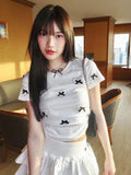 YESMYTOOL  -   Streetwear Vintage Diamond Love T-Shirts Summer Bow Crop Tops Slim Harajuku Pleated Sweet Tshirts 2024 Y2k Aesthetic Women Tees