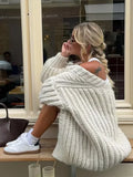 YESMYTOOL  -  Elegant Ribbed Coarse Needle Knitted Cardigan Women Casual Oversize V-neck Long Sleeve Sweater 2024 Autumn Lady Commute Tops