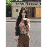 YESMYTOOL   -  American Retro Plaid Mesh Tops Long Sleeve Korean Fashion Streetwear T Shirt Women Autumn Tops Tees 2000s Clothes Y2k