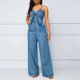 YESMYTOOL  - Summer Women Denim Jumpsuit Fashion High Waist Wide Leg Long Pants Romper Front Tie Knotted Jeans V-neck Overalls Playsuits