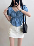 YESMYTOOL  -  Summer Women Vintage Sweet Blue Ruffle Edge Pleated Lace-up Denim Tops Streetwear Korean Fashion Short Sleeve Jean T-shirt Trend