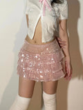 YESMYTOOL  -   Pink Sequin Skirt Women Coquette Low Waist Bow Ruffle Patchwork Cute Sexy Slim Mini Skirt Y2k Streetwear Party Club