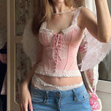 YESMYTOOL  -   Sweet Pink French Chic Corset Top Women Coquette Clothes Fashion Lace Spliced Sexy Party Tops Tank Y2K Tie Up Korean