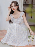 YESMYTOOL  -  Vintage Blue Floral Romantic Vacation Ruffles Lace-up Long Dress Women Korean High Waist Backless Pleated Fairy Dress Summer New